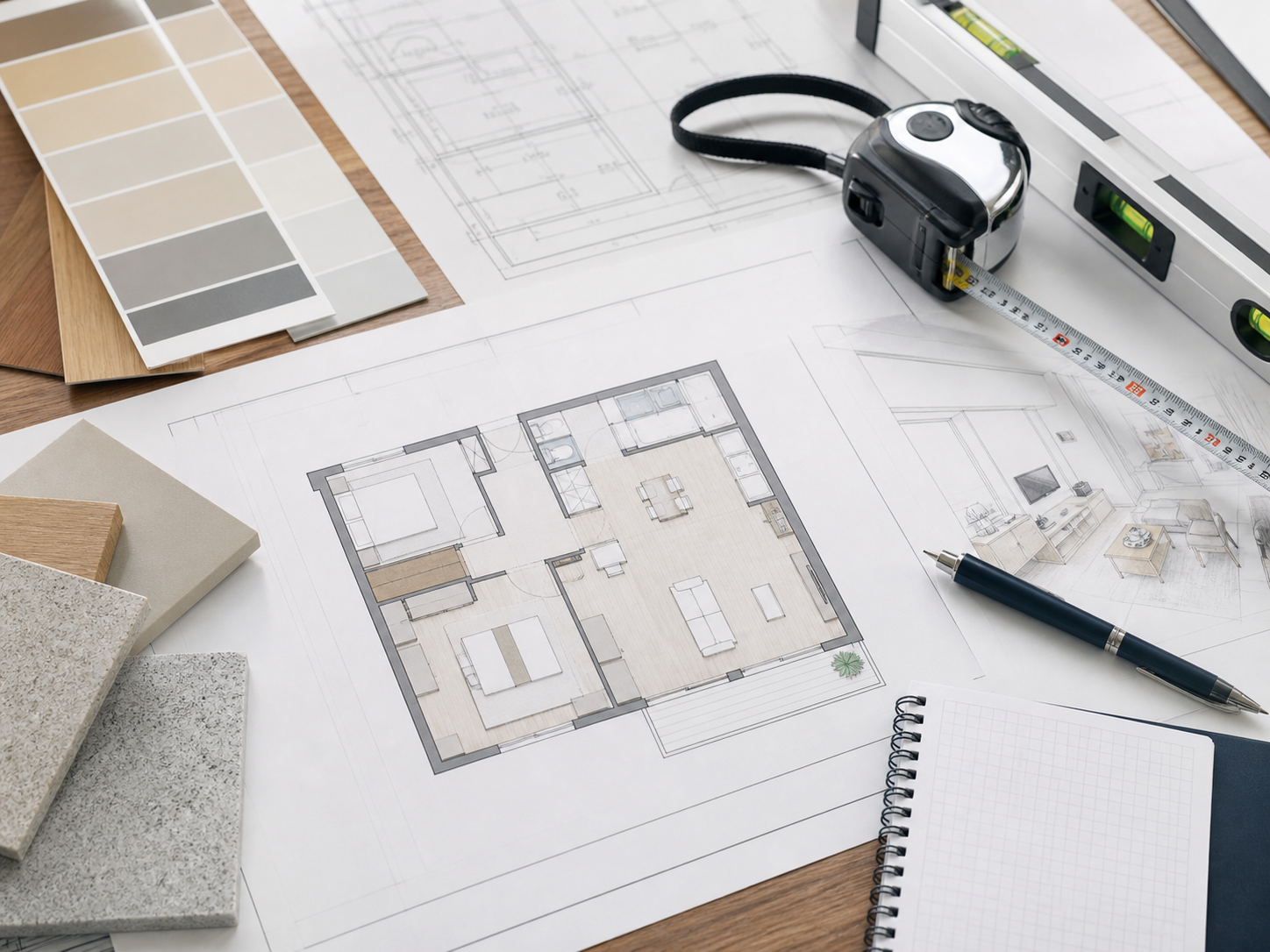 住宅リフォームと施工管理を示す図面と道具の無人イメージ